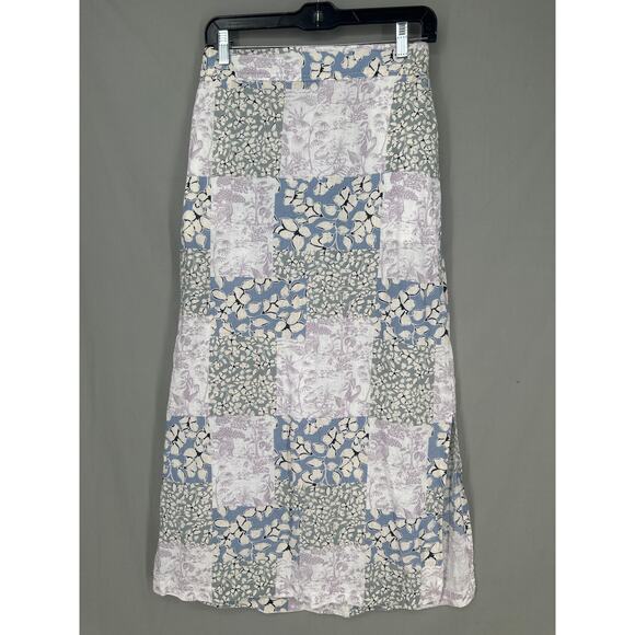 Nicole Miller Skirt Womens Small Blue Maxi Floral Patchwork Linen Cottage Boho - Picture 4 of 6